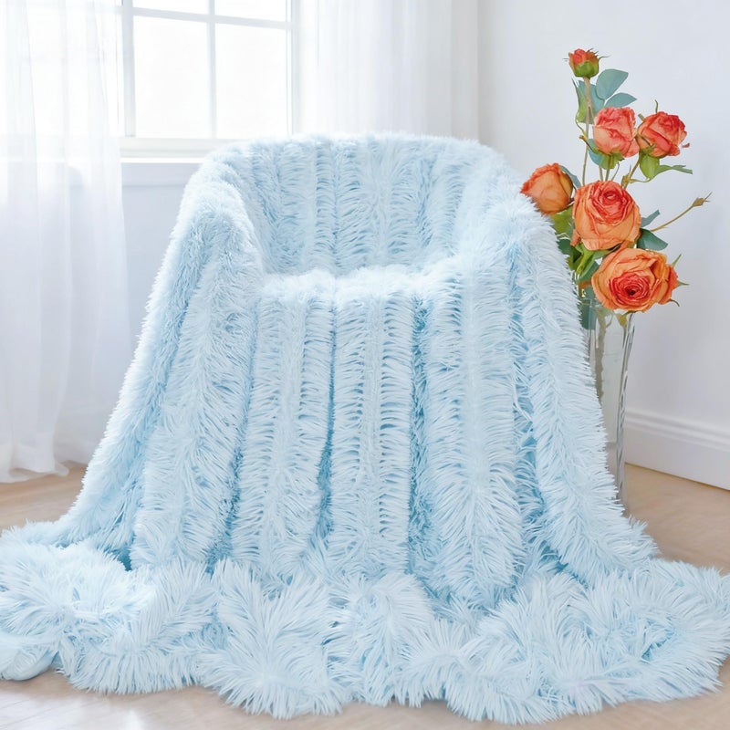 MYRU Plush Super Soft Blanket Bedding Sofa Cover Furry Fuzzy Fur Warm Throw Qulit Cozy Couch Blanket for Winter (51"x63", Light Blue) - Image 3